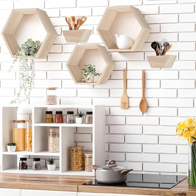 Wooden Hexagon Floating Shelves Set of 5 wall Mounted Honeycomb Shelf octogone shelve Geometric Shaped Organizer for Living Room Bathroom Bedroom Guest Room Decor Accessories nartural