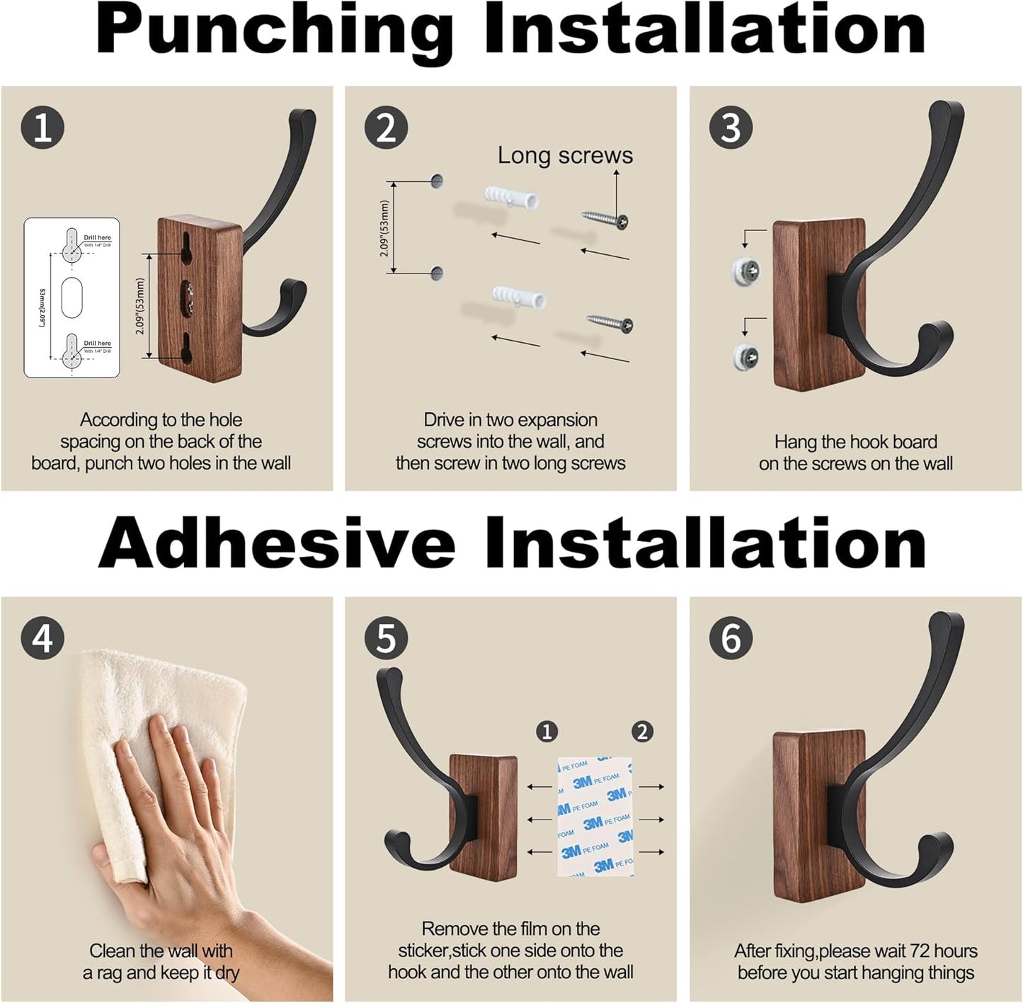 4 Pack Wooden Wall Hooks for Hanging, Adhesive Mounted & Wall Mount Nature Wood Coat Hooks for Towel Clothes Blanket Hat Backpack Robe Nursery Door Board Entryway Key Holder