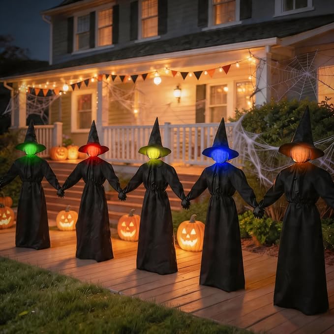 Halloween Decorations Outdoor - 5 Pack 4.3 FT Light Up Holding Hands Witches with Color Changing Glowing Faces - Halloween Witch Decor with Stake for Yard Lawn Garden Porch Haunted House Decor