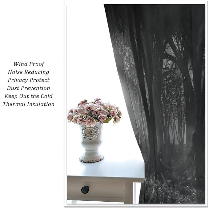 Dark Forest Blackout Curtains,Gothic Nature Misty Forest Trees Landscape Windows Treatments Rod Pocket Drapes for Living Room Bedroom Kitchen 52x84in