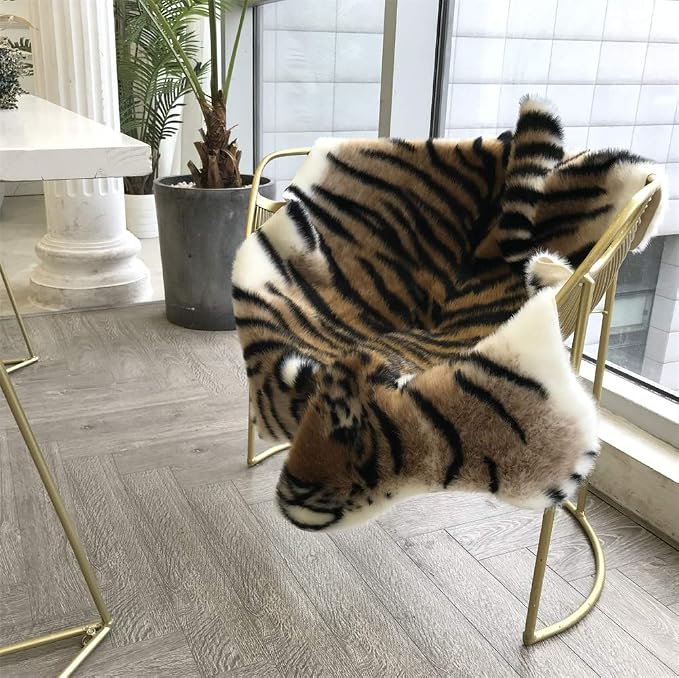 Tiger Print Area Rug Faux Cowhide Skin Hide Animal Printed Rugs Cute Carpet Nonslip Mat Premium Quality Rug and Chair Cover 35.4x43.3inch