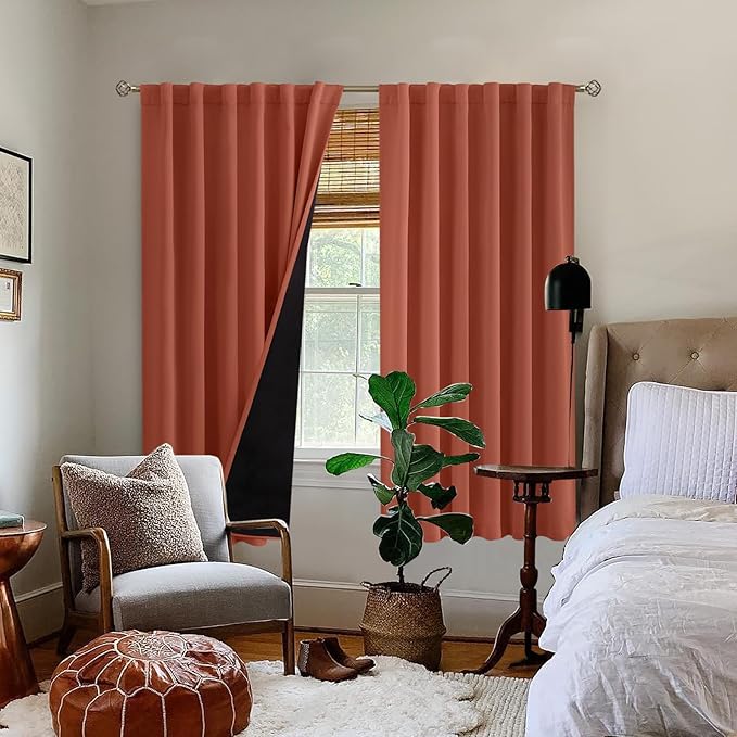 BGment 100% Blackout Curtains 63 Inch Length with Liner, Room Darkening Thermal Insulated Double Layer Noise Cancelling Rod Pocket and Back Tab Curtains for Bedroom, 52 x 63 Inch, 2 Panels, Terracotta