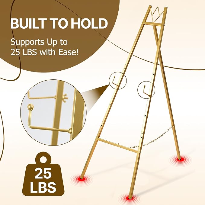 57.5" Gold Easel Stand for Sign, Wedding Sign Stand for Display, Assembly Required, 4 Adjustable Height Levels Heavy Duty Metal Display Stand Floor Standing Easels for Art, Paintings, Pictures(2 Pack)