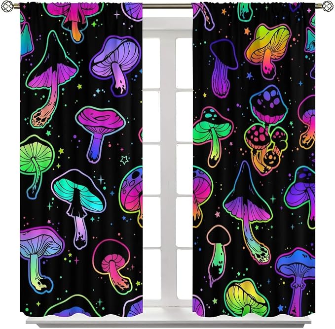 Mushroom Curtains Colorful Cartoon Plant Print Window Treatments for Bedroom Living Room Kitchen Fantasy Psychedelic Mushroom Window Drapes 2 Panels Set,Total Size 42 x 63 Inch