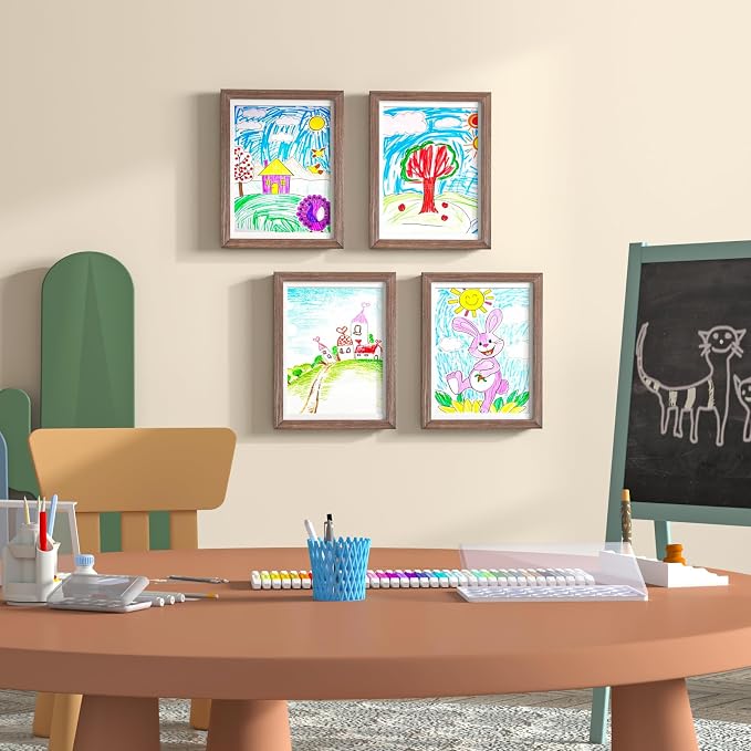 KINLINK 9x12 Kids Art Frame 2 Pack, Solid Wood Artwork Frames Changeable, Front Opening Hold 150 Pictures, Art Frames for Kids Artwork, 8.5x11 with Mat 9x12 without Mat, Picture Frames Brown Wood