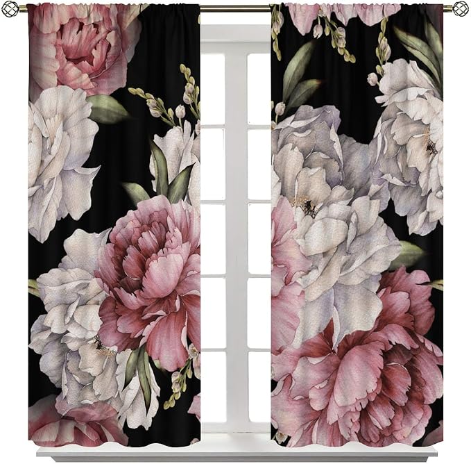 Black Boho Floral Curtain Vintage Watercolor Rose Peony Retro Pink Blossom Flowers Rustic Spring Lea for Home Kitchen Restaurant Decoration Drapes 2 Panels 52x96in