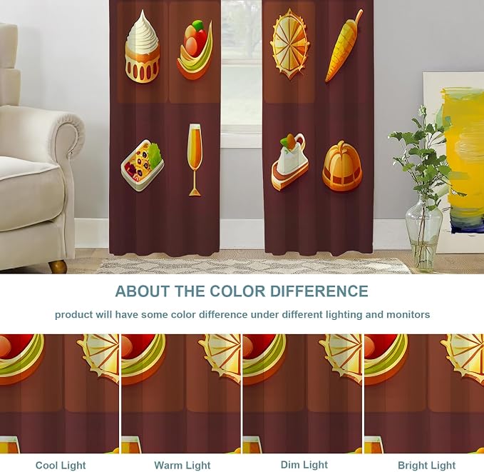 Shrahala Happy Thanksgiving Day Thermal Insulated Blackout Window Curtains, Pumpkin Turkey Bird Leaves Long Drapes for Bedroom/Living Room with Plastic Grommet, 52X84 Set of 2