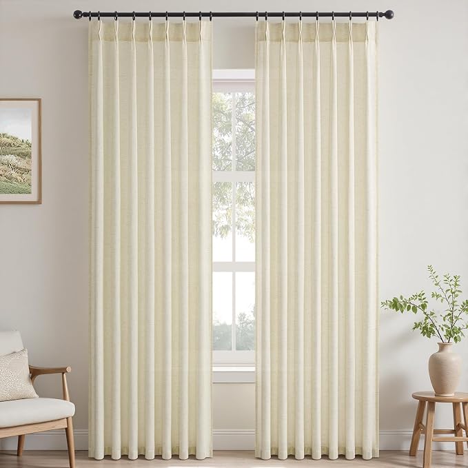 Topfinel 108 Inch Pinch Pleated Curtains 2 Panels,Cream Semi Sheer Curtains with Pleated Hooks Back Tab for Track System,Extra Long 9ft Curtain for Living Room Bedroom,40x108,Beige