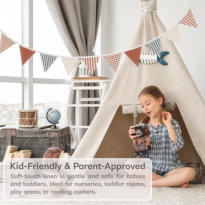Boys Toddler Room Playroom Nursery Decor, Garland Triangle Banners, 11Ft Vintage Warm Neutral Plaid Design Pennant Banner Bunting Flags Fabric for Baby Shower Birthday Party Wall Art