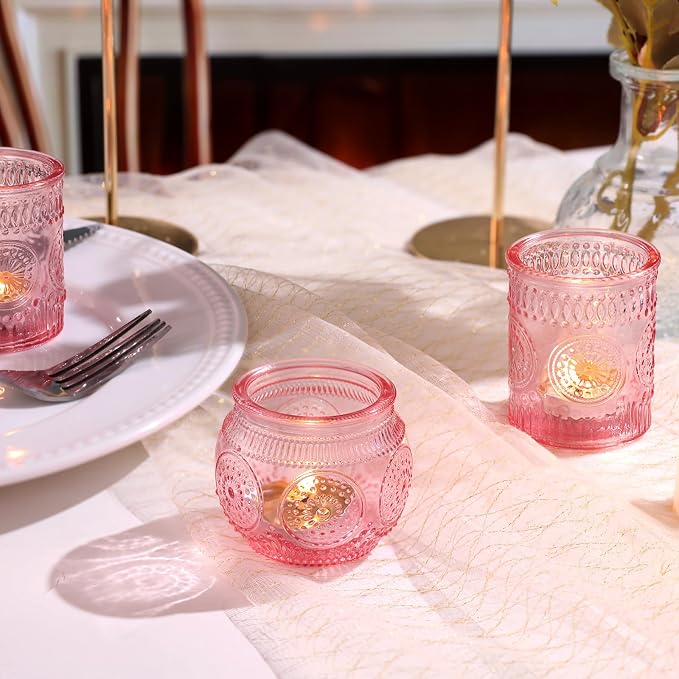 DARJEN 24Pcs Pink Votive Candle Holders- Glass Candle Holders Bulk for Flameless LED Tea Waxes, Romantic Candle Holder for Wedding Decor, Various Parties & Dinner Table