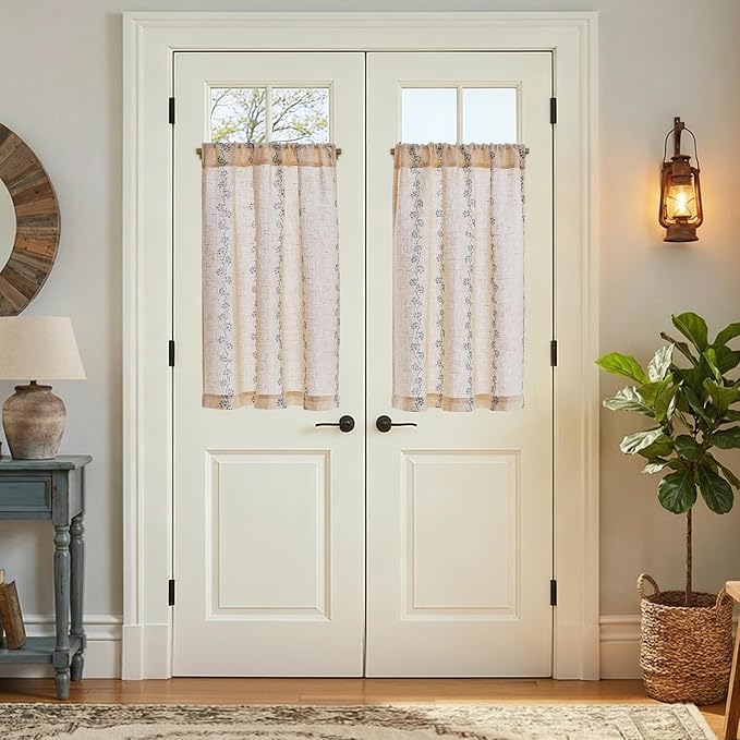 jinchan Katy Linen Floral Kitchen Curtains 36 Inches Length Stripe Cafe Curtains Farmhouse Cottagecore Tier Small Window Drapes for Living Room Light Filtering Rod Pocket 2 Panels Blue on Linen