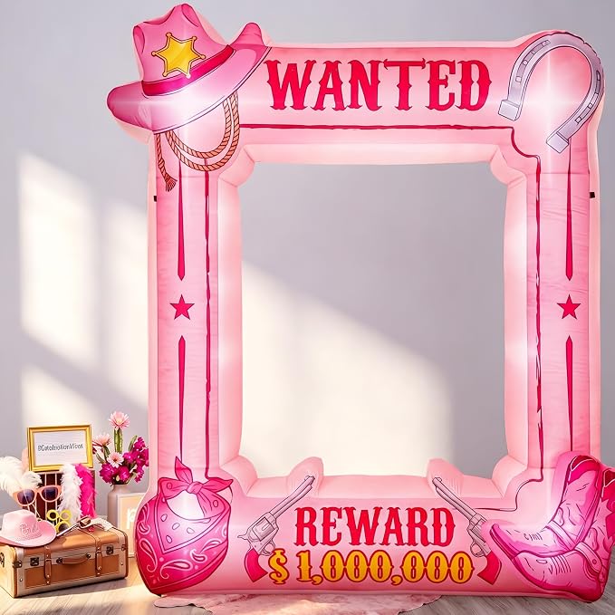 Soulchen 6 x 5 ft Pink Western Wanted Inflatable Decoration with Led Lights and Built-in Blower Perfect for Cowboy Party Decor Western Themed Birthdays and Vintage Country Events
