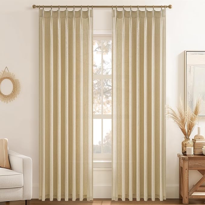 96 Inches Long Pinch Pleated Semi Sheer Curtains,Beige Light Linen Blended Light Filtering Window Curtains 96 Length 2 Panels for Living Room Bedroom Pinch Pleat Drapes with Hooks 2 Panels 40" Wx96 L