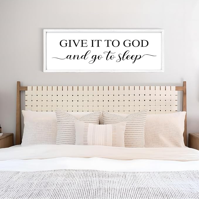 Give It to God and Go to Sleep Sign 42''×15'' Large Above Bed Wall Decor Farmhouse Bedroom Decor Wood Framed Guest Room Decor Wall Art Rustic Master Bedroom Wall Decoration (White)