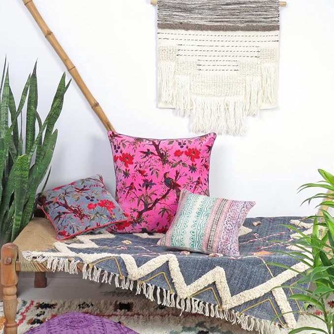 Boho Velvet Bird Print Throw Pillow Cover, Colorful Decorative Floral Cushion Case for Sofa Couch, Bohemian Chic Accent for Bedroom Living Room, 24x24 inch (60x60 cm), Grey Gray