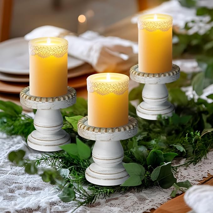 Small Candle Holder for Pillar Candle Set of 3, Farmhouse Wood Candle Holder, Rustic Wooden Candle Stand, Vintage Candle Stand Decorative for Living Room, Table Centerpiece, Retro White