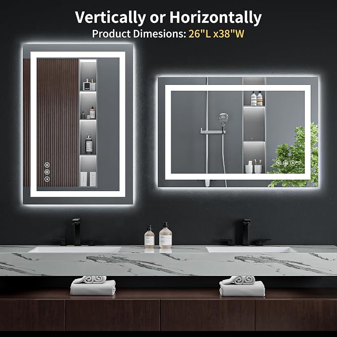38"x26" LED Bathroom Mirror with Lights, Backlit + Front Lit with CRI>90, Lighted Mirror for Bathroom, Anti-Fog, Dimmable Brightness, 3 Colors, Memory Function, Shatterproof Tempered Glass