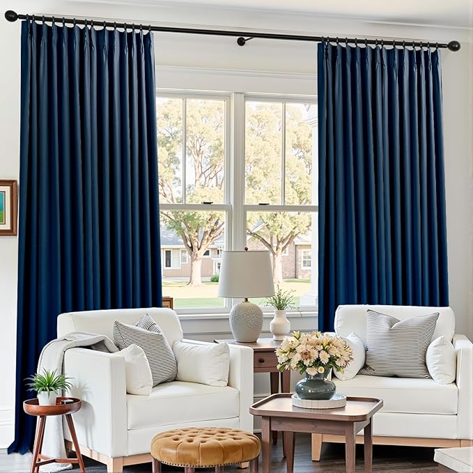 Mrs.Naturall Navy Blue Pinch Pleated Linen Blackout Curtains 84 Inch Length, Pleat Design for Summer Thermal Insulated & Noise Reducing for Mens, Boys Bedroom & Nursery, 2 Panel Set