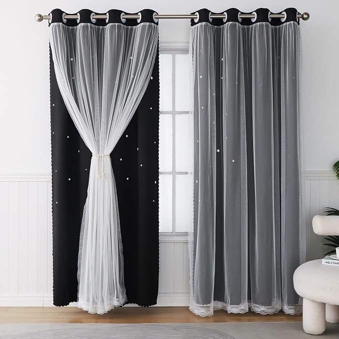Black Curtains for Bedroom Cute Blackout Curtains 63 Inches Long 2 Panels Star Cutout Double Layer Nursery Curtains & Drapes with Tulle Decor Kids Room Window Treatments 63 Inch Length