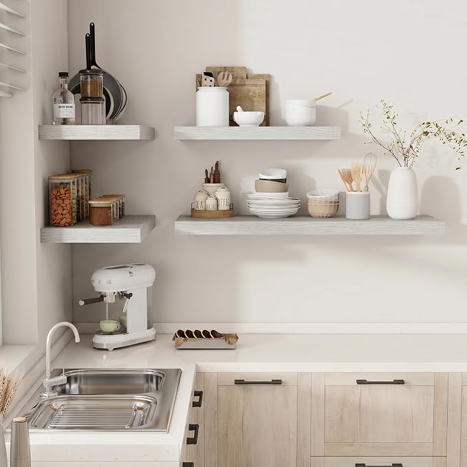 Vivelove 12" Deep Floating Shelves with Invisible Brackets, 60" Wall Shelves for Bathroom Bedroom Kitchen Living Room Laundry Room, Modern Rustic Shelves for Home, 60"x12"x2", Set of 1, White Birch