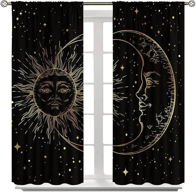 Gold Sun and Moon Blackout Windows Curtains, Fantasy Mandala Bohemian Universe Galaxy Printed Curtains, for Living Room Bedroom 42x45in 2 Panels