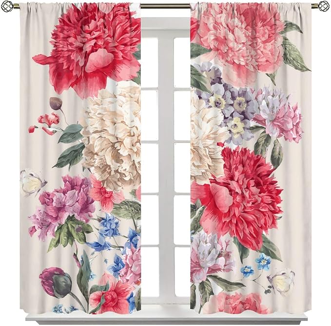 Floral Decor Window Curtain Vintage Bouquet of Peony Wild Flowers Nature Botanical Leaf for Home Kitchen Restaurant Decoration Window Drapes 2Panel 41" W X 53" L