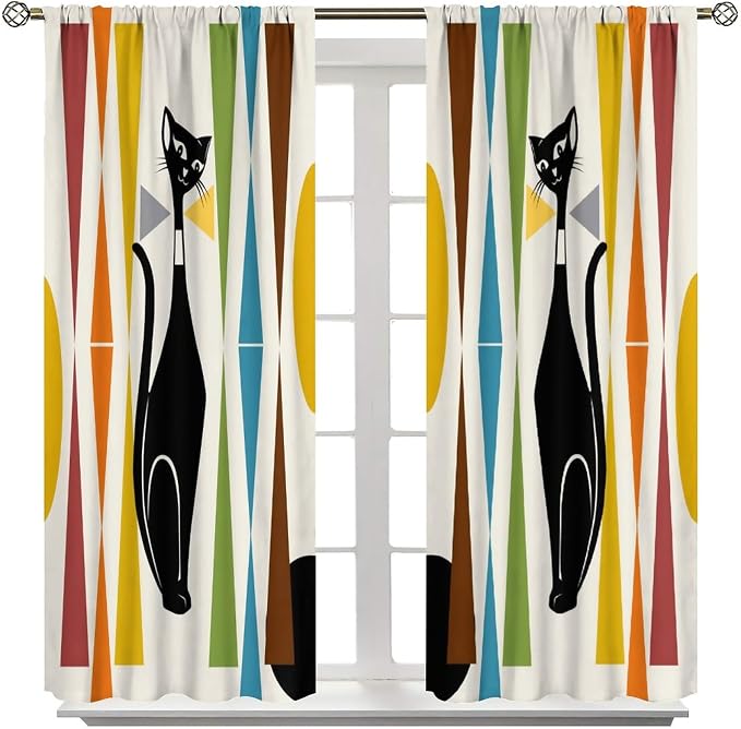 JESTRONRY Mid Century Style Curtains,Black Cat Modern Abstract Geometric Vintage Colorful Shape Pattern Theme Home Fabric Living Room Bedroom Kitchen Bathroom Decor 84x84in