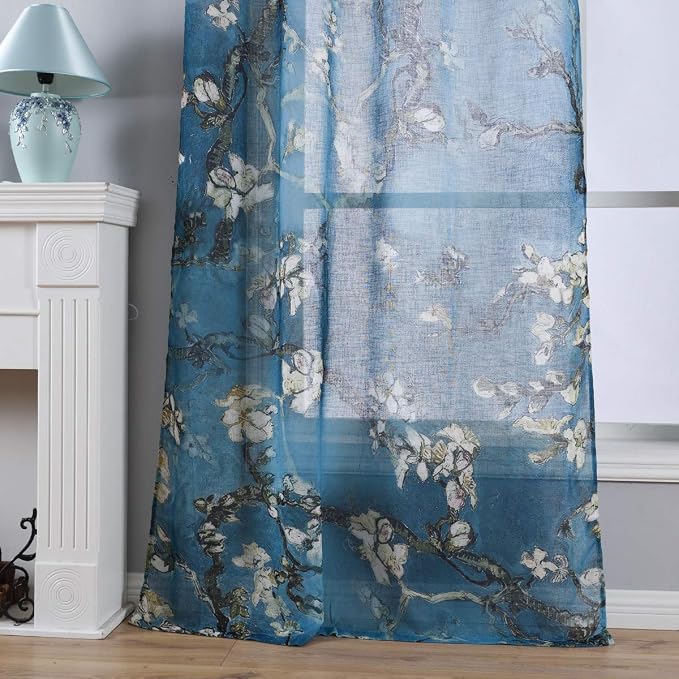 Taisier Home Apricot Blossom Sheer Curtains Printed,Vintage Blue Curtain Drapes for Bedroom/Nursery Elegant Decorative Curtains 2 Panels Set,Ring Top Style Print Drapes,52" W×63”L