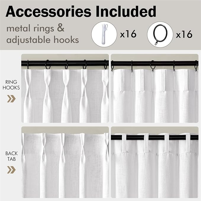 MIULEE Pinch Pleated Thick Linen Curtains 84 Inches Long 2 Panels, White Linen Texture Memory Trained Drapes for Living Room Bedroom, Pinch Pleat Light Filtering Farmhouse Window Curtains with Hooks