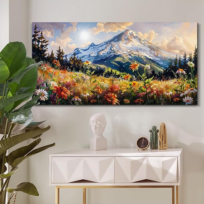 FUHAIHUA Canvas Wall Art For Living Room Large Framed Wall Decor For Office Modern Bedroom Decorations Mountain Flower Landscape Pictures Farmhouse Paintings Artwork Aesthetic Home Decor 30x60 In