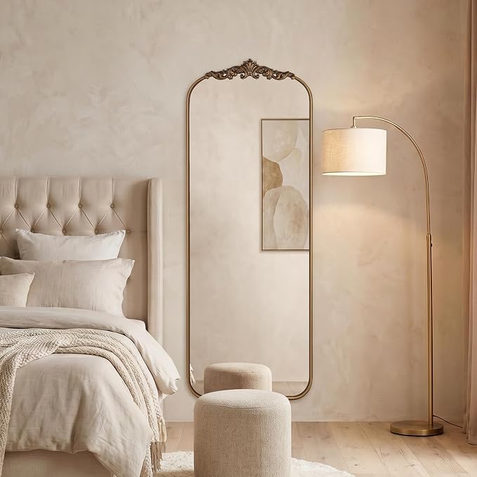 Vintage Gold Arched Full Length Mirror 56"x21" with Metal Frame | Ornate Baroque Design,HD Tempered Glass,Wall Mount,Antique Gold Finish