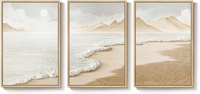 Framed Boho Coastal Beach Wall Art for Living Room, Large Neutral Abstract Coastal Canvas Artwork for Walls, 3 Piece Minimalist Ocean Picture Print for Bedroom Kitchen Wall Decor, Total Size 30x60 In