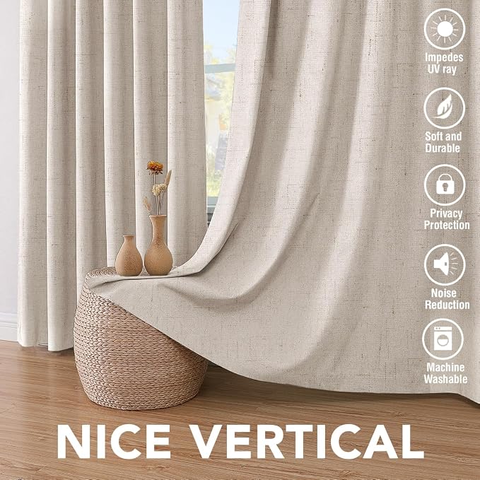 H.VERSAILTEX Blackout Curtains, Linen Curtains 108 inches Long 100% Black Out Curtains for Bedroom Windows, Textured Linen Look Draperies Grommet with White Liner, 2 Panels, Natural (Pack of 2)