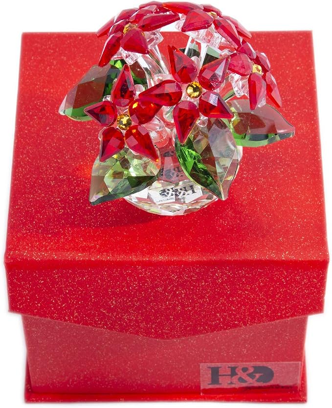 Red Crystal Poinsettia Flower Figurine Christmas Table Centerpiece Decor | Glass Craft with 6 Blooms Tabletop Centerpiece Home Office Party Decor Collectible Gift for Women Mom