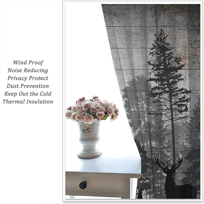 Retro Animal Blackout Curtains Vintage Grey Old Forest Deer Hunting Lodge Windows Treatments Rod Pocket for Kitchen Living Room Bedroom 63x72in