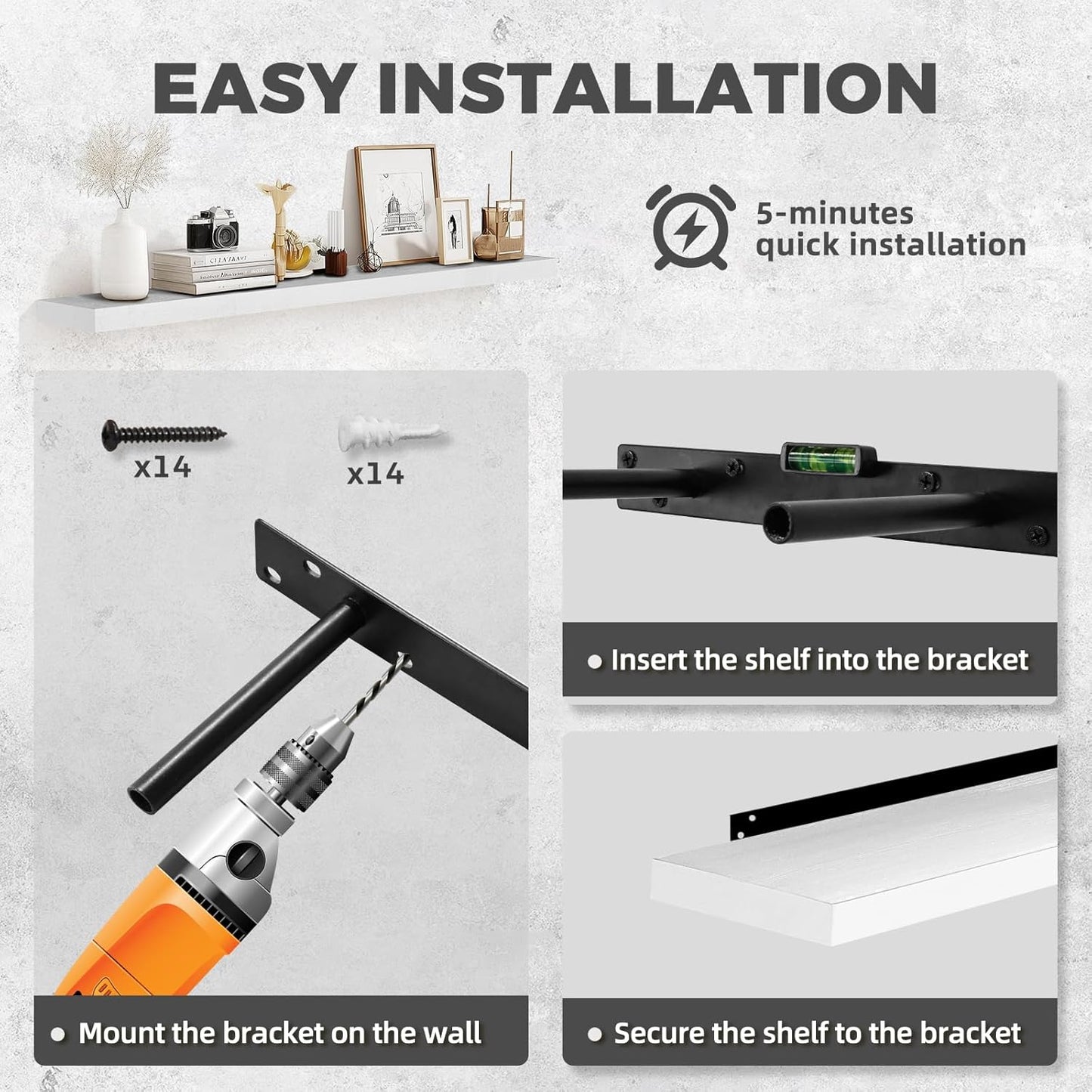 36"x6.8"x1.2" Solid Wood Floating Shelves 2-Pack - Rustic White Finish with Hidden Brackets, Perfect for Storage and Décor in Living Room, Kitchen, Bedroom