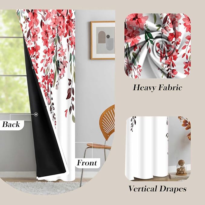 Red Watercolor Floral Curtains, Botanical Leaves Vine Flowers Curtain, Rustic Farmhouse Flower Leaf Blackout Window Treatment Drapes for Bedroom Living Room 42x72 inch, 2 Panels