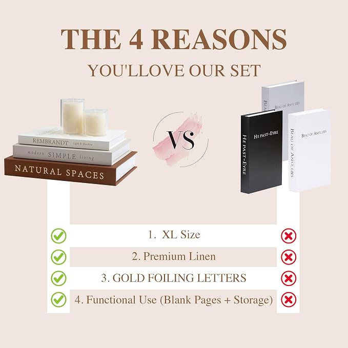 XL Decorative Books for Home Decor – Premium Linen Coffee Table Books with Hidden Storage, Faux Book Set for Living Room, Bookshelf & Shelf Styling (Beige-Brown)