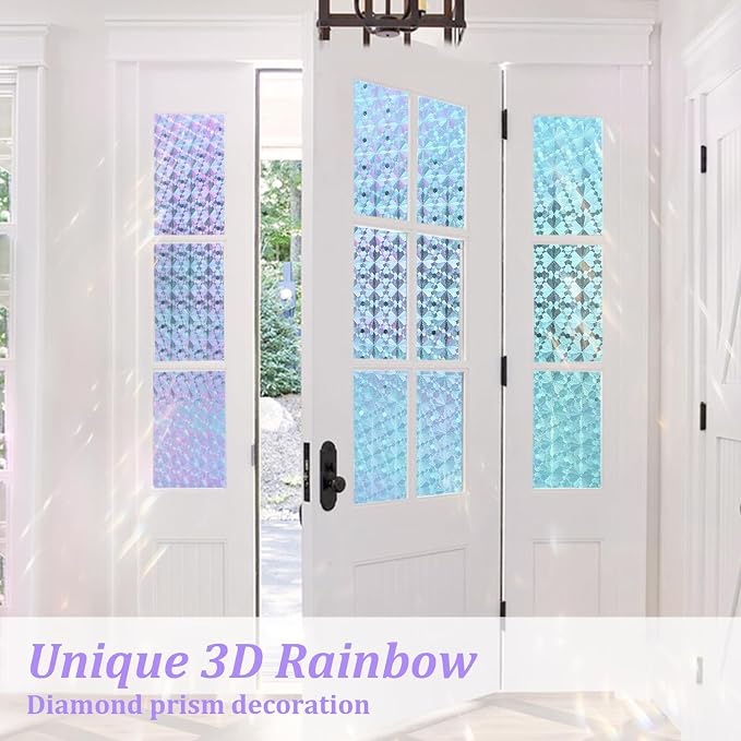 Windimiley Stained Glass Window Privacy Film, Rainbow Clings, 35.4" x 78.7" | 3D Diamond Decorative Window Film,Static Cling No Glue Removable, UV Heat Blocking,Renter Friendly for Bathroom Bedroom Door