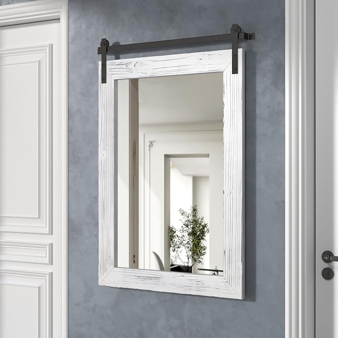COGOOD Farmhouse Barn Door Mirror - 26" X 17" Rustic Wood Framed Wall Mirror for Bathroom, Living Room, Entryway Wall Decorative (White)