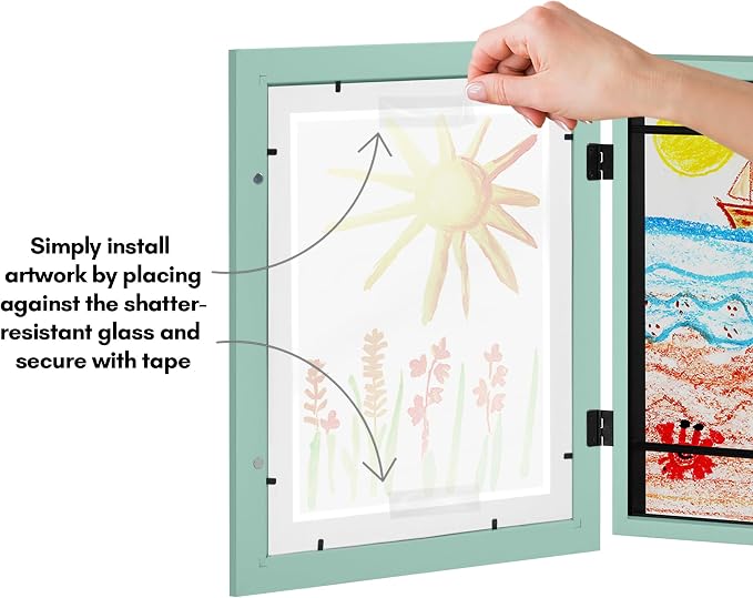 Americanflat Kids Artwork Frame Changeable (Seafoam Green) - Magnetic Door Holds 100 Art Pieces - 8.5x11 Letter Size Display with Mat or 10x12.5 Without Mat - My Mini Masterpiece