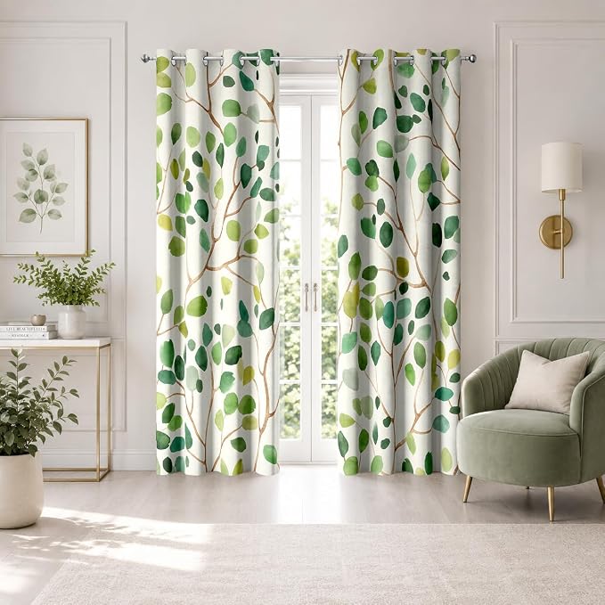 Boho Green Leaf Floral Blackout Curtains, Watercolor Bohemian Flower Print Window Drapes, Living Room Bedroom Decor 2 Panels 52x84 Inch
