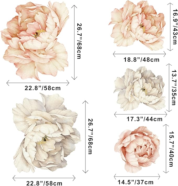 Peony Wall Decal for Bedroom Kids Room Floral Wall Sticker Watercolor Floral Removable Peel and Stick For Girls Peonies Wall Decals Childroom Livingroom