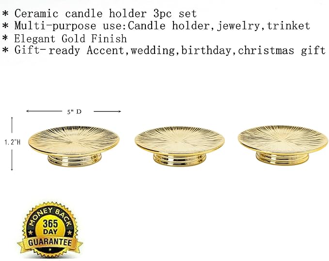 Ceramic Gold Candle Plate Set, 3-Piece – Decorative Candle Holder Tray for Pillar Candles, Jewelry, Trinkets or Bathroom Counter – Elegant Gold Finish for Tabletop & Home Décor