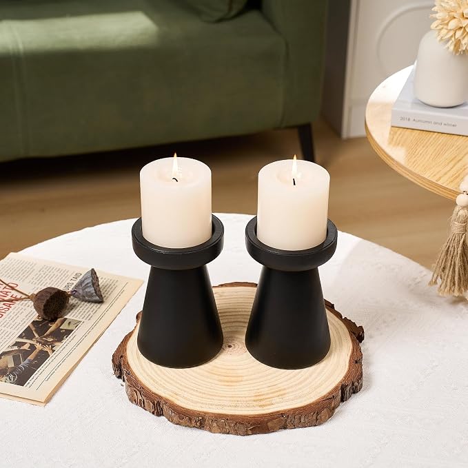 Wood Candle Holders for Pillar Candles, Set of 2 Vintage Rustic Tall Modern Farmhouse Decor, Decorative Wooden Candlestick Stand for Fireplace Mantel, Table Centerpiece - Black