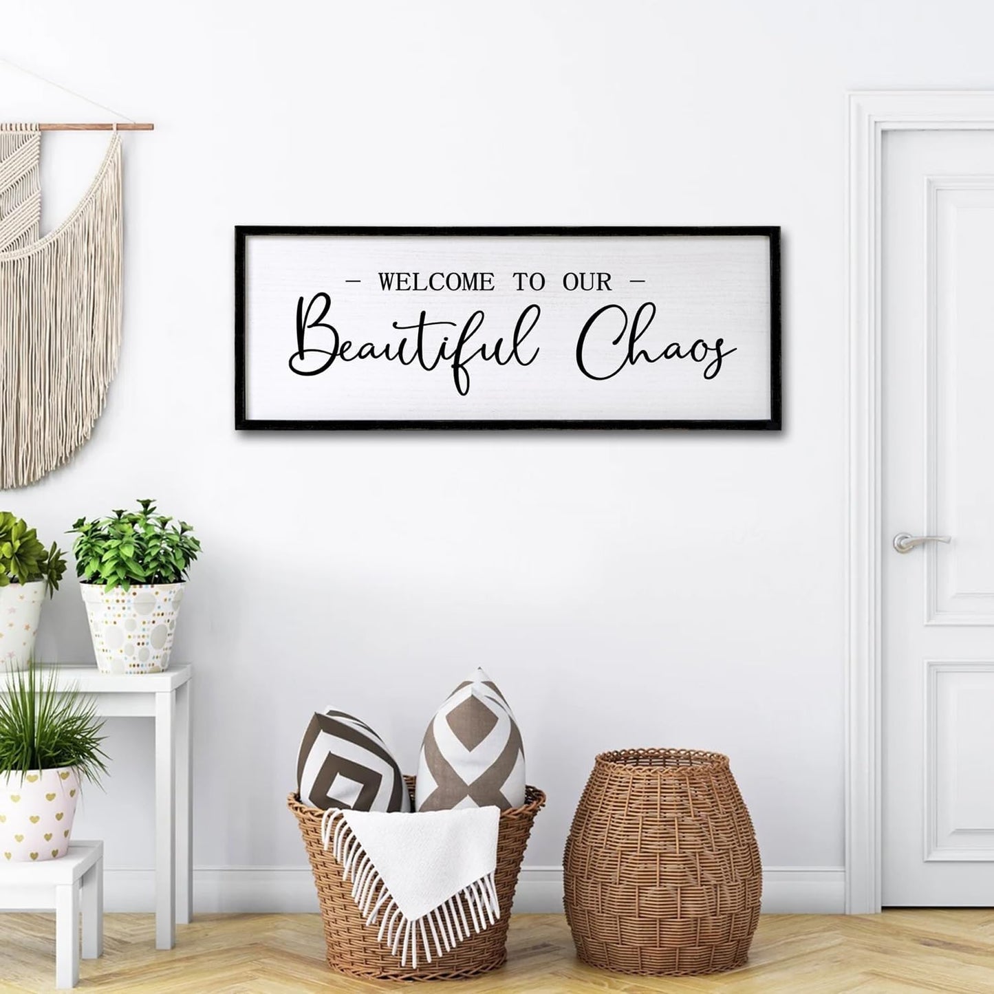 Welcome To Our Beautiful Chaos Sign Wall Decor Framed Wood 32X12 Inch For Rustic Home Living Room Entryway Bedroom Hanging Art (Wood)