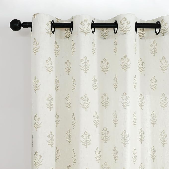 Lino Rosa Rustic Farmhouse Linen Curtains for Kitchen, Block Print Boho Floral Patterned Light Filtering Short Sheer Panel for Door Window, 45 Inch Length