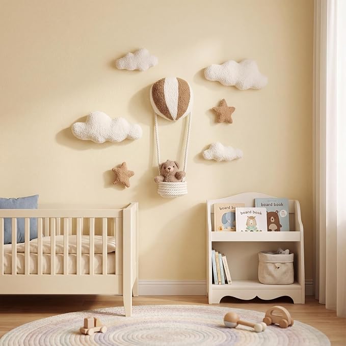 Chumia 7 Pcs Teddy Bear Nursery Wall Decor Hot Air Balloon Nursery Wall Art with Clouds Star Soft Plush Baby Room Decor Gender Neutral for Bedroom Playroom Decoration