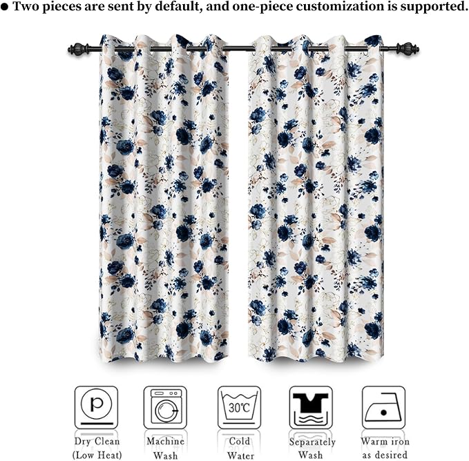 Renaiss Blue Floral Blackout Curtains, Flowers Pattern Thermal Insulated Window Curtains & Drapes for Bedroom 53W x 96L inches Long 2 Panel Set for Living Room Noise Reducing Decorative Curtains