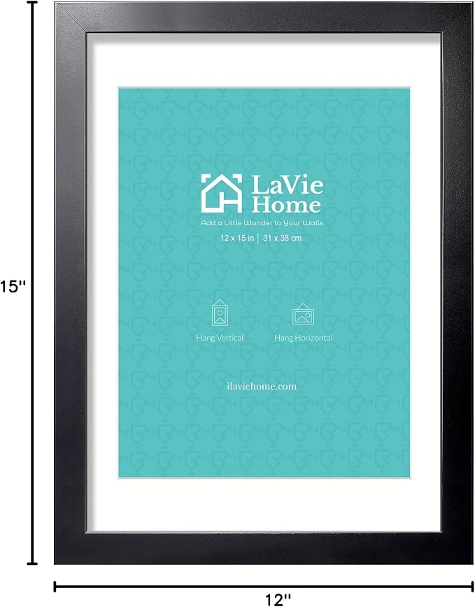 LaVie Home 12x15 Picture Frame Black Poster Frame, Display Pictures 8.5x11 with Mat or 12x15 Without Mat, Stable and Sturdy Frame and Polished Plexiglass, Horizontal and Vertical Format of The Walls